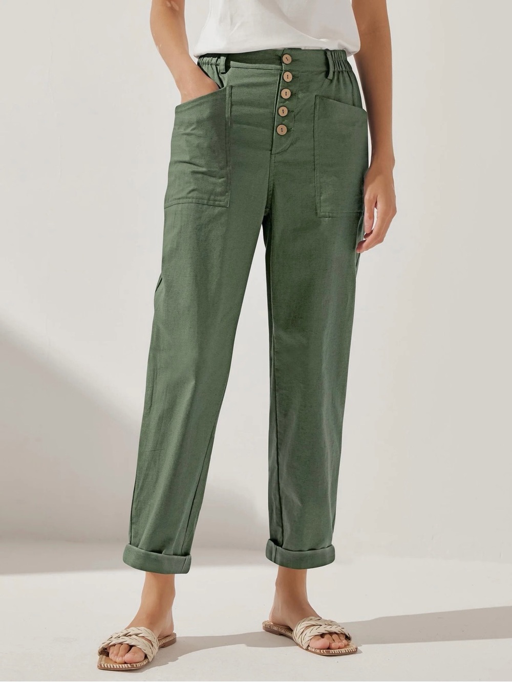 Lintico NWT Linen Blend Heidi Simple Button Fly Trousers In Forest Green Size L